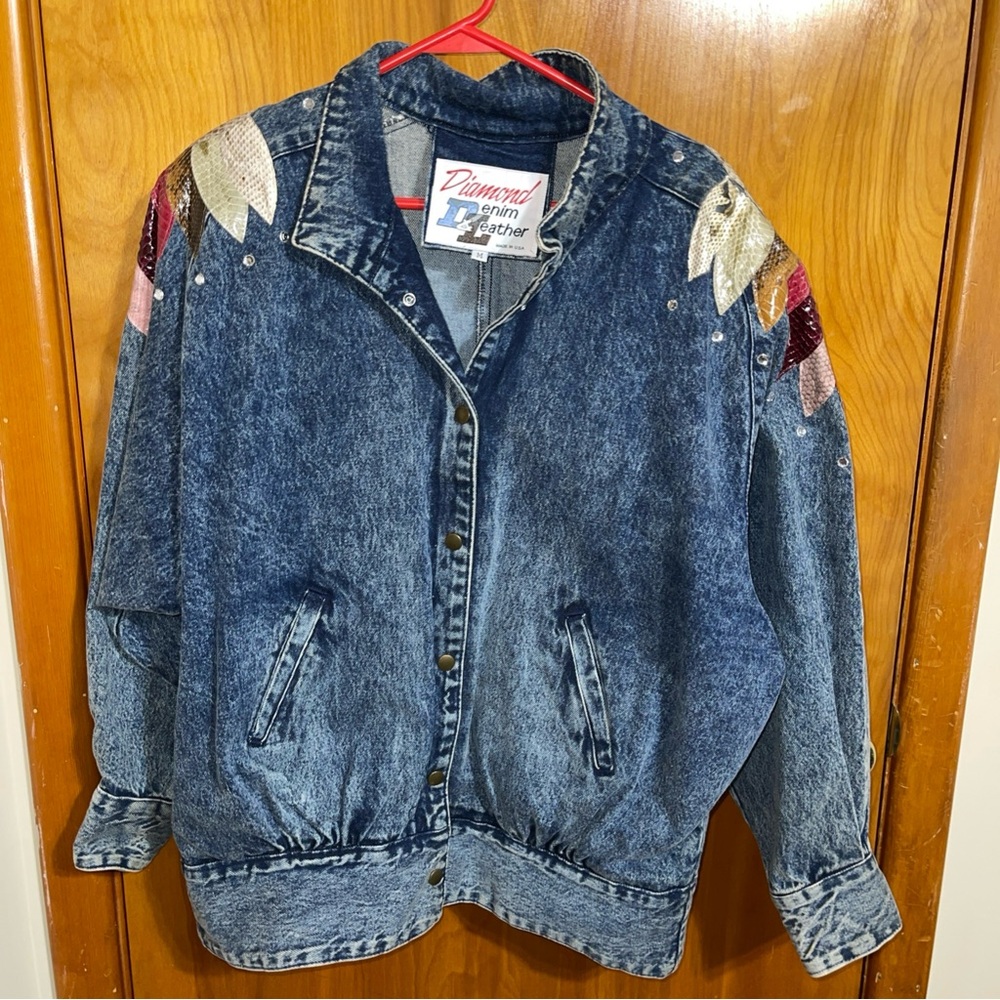 Vintage Women’s Diamond Denim And Leather Acid Wash Jacket Size Medium